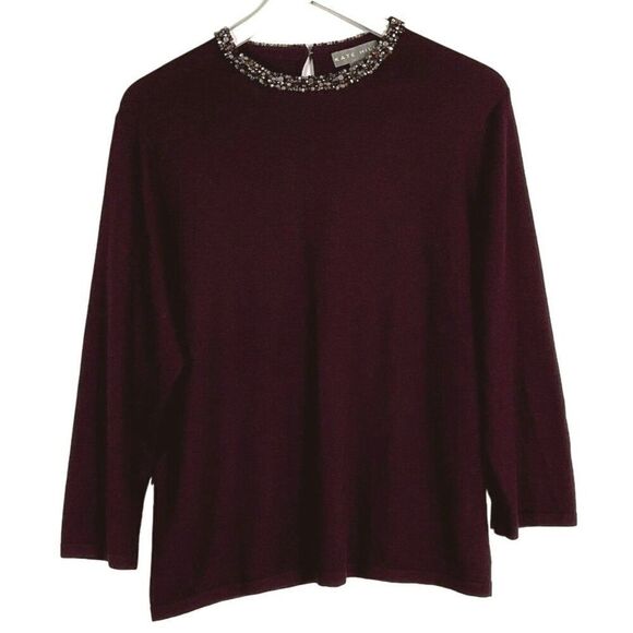 Kate Hill Sweaters - Kate Hill EggPlant Color Embellished Neck Sweater, size XL, hook/bar closure at